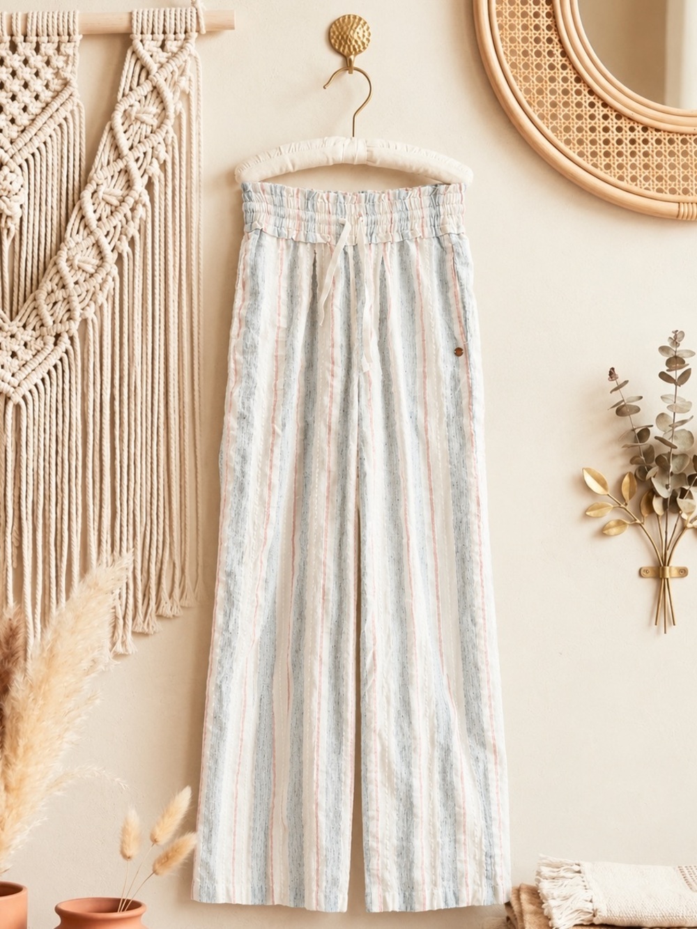 Roxy Striped Linen-Blend Pants in Light Blue and Cream